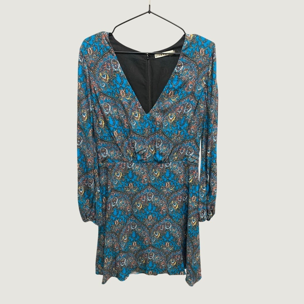 Alice + Olivia Cary Blue Paisley V-Neck Long Sleeve Mini Dress Size 8